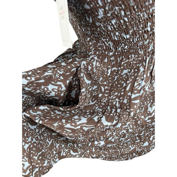 Rungolee Tahiti Floral Smocked Silk Top Blue Coffee Sleeveless Boho op NEW Sz S - Picture 7 of 16